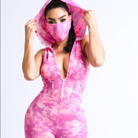 Pink- Hooded Tie Dye Romper / Mask Set - Picture 4 of 7
